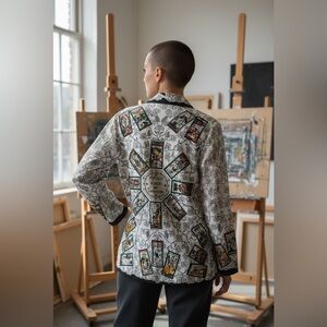 VINTAGE 70s TRISSI Ancient Game of Tarot Card Italian Pearl Button‎ Shirt L